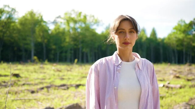 Caucasian female environmental volunteer standing on deforested land and looking at camera. Woman raising awareness about logging impact and forest restoration. Nature protection and sustainability.