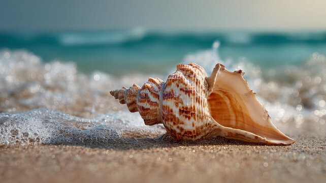 A conch shell, predominantly light brown and white, is the central focus of this eye level, horizontal outdoor photograph. Ai generated