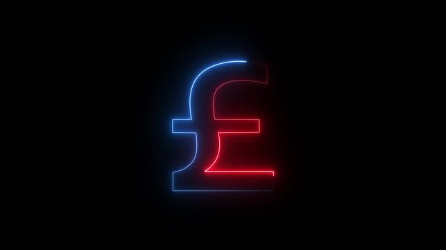 Glowing red and blue neon pound sign currency icon on black background animation.