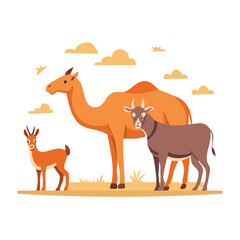 Obraz premium Camel, Goat, and Gazelle in Desert Landscape