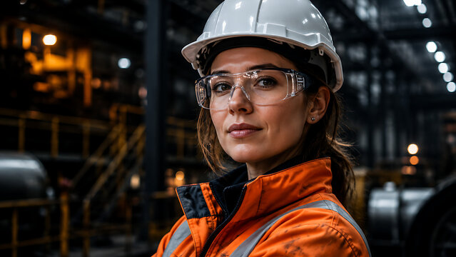 Female industrial engineer in hard hat and safety glasses, professional woman worker in factory warehouse, portrait of female technician isolated on White Background ai