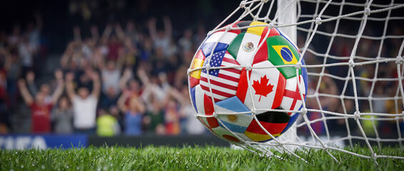 Obraz premium World cup International flags soccer ball hitting goal net on stadium with cheering sport fans