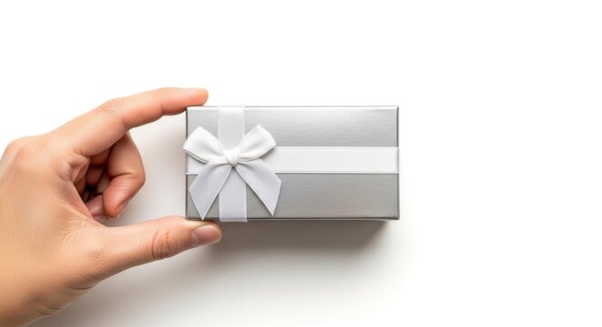 Hand holding small gift box with white ribbon