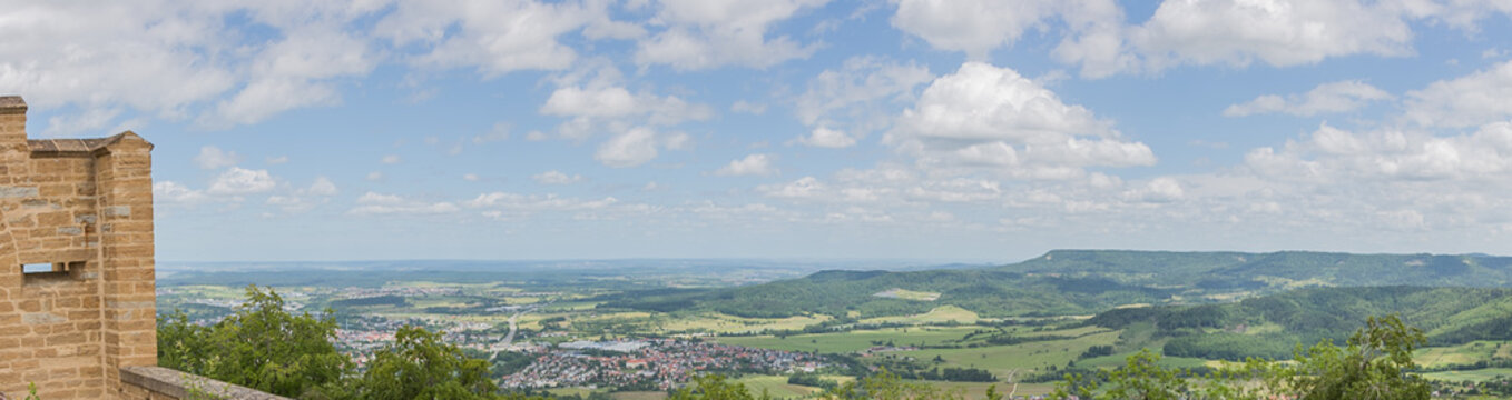Panoramic view from famous castle Hohenzollern, Schwaebische Alb (Swabian Alb) near Hechingen, Germany