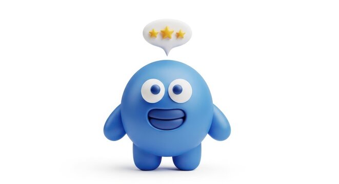 Happy blue alien character with speech bubble of five stars