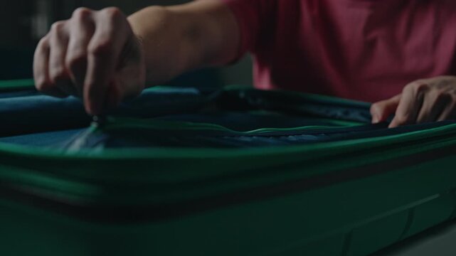 Male hands zipping mesh divider inside travel bag, organizing personal belongings and preparing luggage for upcoming trip or vacation departure, close-up, slow motion. Concept of travel organization.