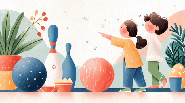 Children bowling and family activity scene with colorful pins and balls for poster, flyer and kids event design
