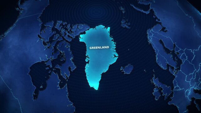 3D Digital Map of Greenland with Bright Cyan Glowing Highlight and Text, High-Tech Cartography Graphic for Presentation Backdrop or Global News Broadcast Opener

