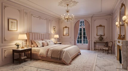 Naklejka premium Luxurious classic bedroom interior with elegant pink decor, marble floors, ornate molding, and crystal chandelier in a sophisticated french style setting