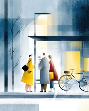 Abstract urban cafe scene commuters bicycle silhouettes for editorial background poster design and modern lifestyle concept