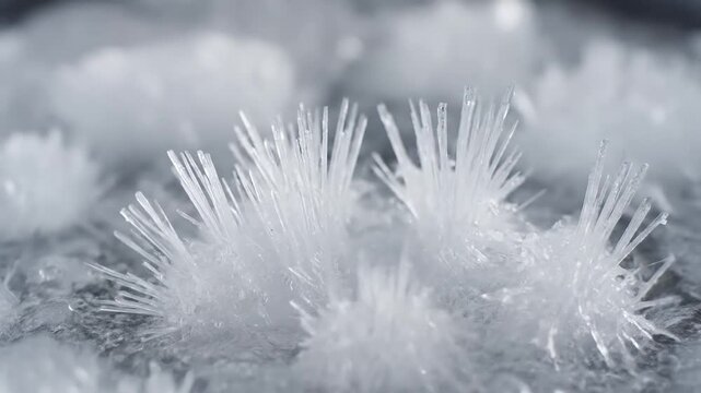 Delicate White Ice Crystals Growing in Macro Winter Frost Closeup
