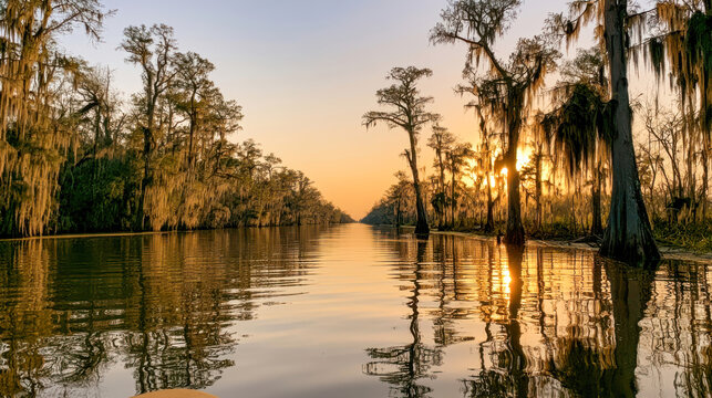 Scenic cypress swamp waterway at sunset with Spanish moss draped trees reflecting on calm water in Louisiana bayou