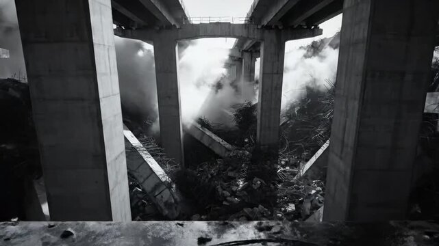 Dramatic black and white view of a collapsed concrete bridge with debris, dust, and steel