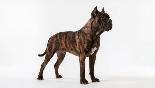 Isolated brindle Perro de Presa Canario dog standing full body side view on a white studio background