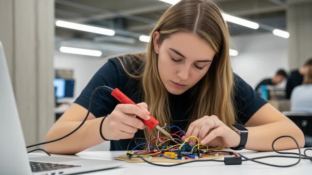 Young woman soldering electronic components for a project