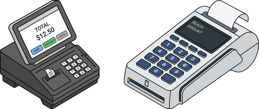 Isometric POS Terminal and Digital Payment Machine Vector Illustration