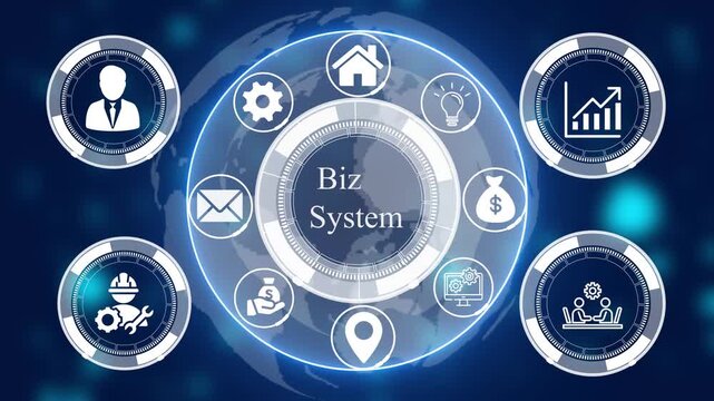 Digital interface with biz system text surrounded by circular showing business and technology symbols on a dark blue glowing background