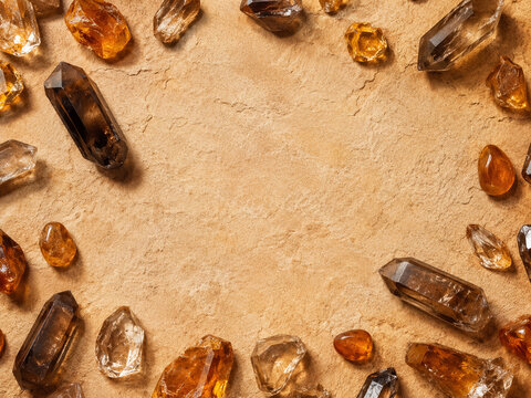 Amber and smoky quartz crystals arranged as border on warm textured background with central copy space