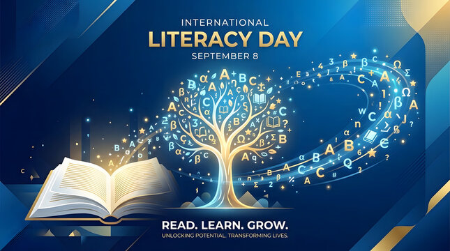 International Literacy Day Banner Design with Books, Education Concept, Global Awareness Campaign Template