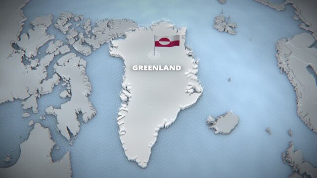 3D stylized map animation of Greenland with national flag, pulsating location marker, and floating text on a light blue dotted ocean background, ideal for broadcast openers and presentation backdrops.