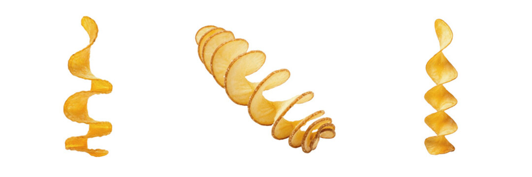 Tornado Potato Chips PNG Set, Transparent Background Spiral Potato Clipart, Isolated Twisted Street Food Elements for Graphic Design, Fried Snack Skewer Illustration, Crispy Vegetable Cutouts for Fast