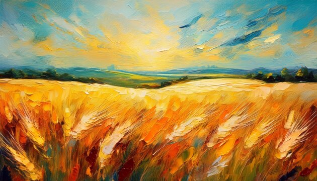 oil painting vintage impasto washed off colors sunlit wheat fields stretching to the horizon