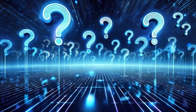 a multitude of blue question marks float in a boundless digital space symbolizing inquiry uncertainty and the pursuit of knowledge