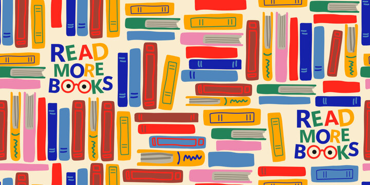 Seamless book pattern with stacked books and "Read More Books" lettering on a soft sandy yellow background, cozy autumn repeat design for book lovers, libraries, reading clubs, back to school projects