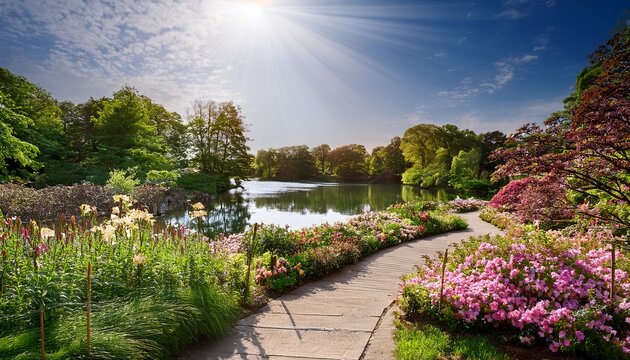serene lakeside path winding through a sun drenched garden of blooming flowers and lush greenery under a bright summer sky