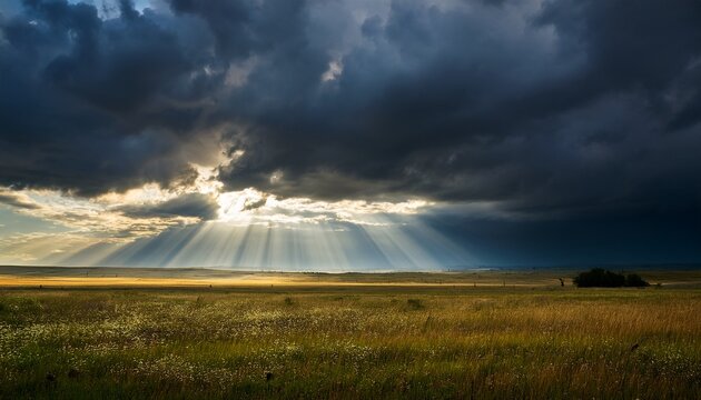 a dramatic stormy sky with rays of sunlight breaking through the clouds over an open field