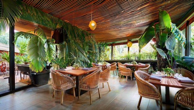 tropical themed restaurant interior featuring lush greenery woven furniture and vibrant decor creating an inviting dining atmosphere with exotic flair