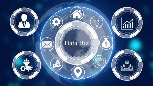 Digital interface with data biz text surrounded by circular showing business and technology symbols on a dark blue glowing background