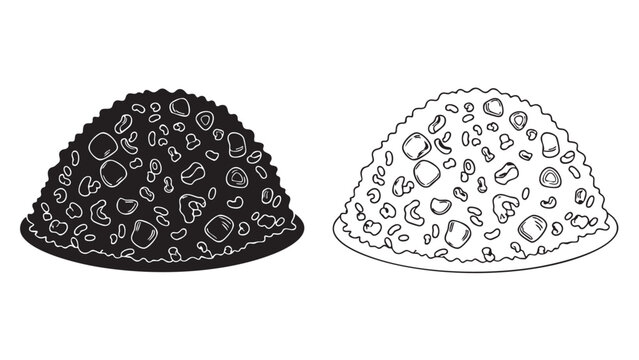 pizza with various toppings, black and white outline and sil