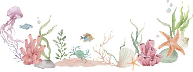 Watercolor underwater life border, marine collection wreath with jellyfish, crab, sea anemone, corals and starfish, ocean reef summer design clipart. Vector EPS. © Alla