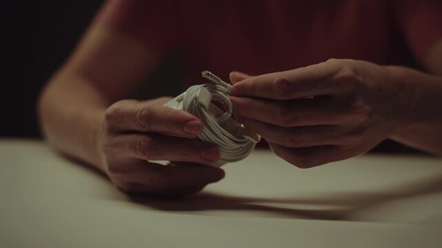 Close-up hand of unrecognizable person packing power supply with charging cable, handling electronic adapter for computing device, preparing for travel or storage in dark environment, slow motion.