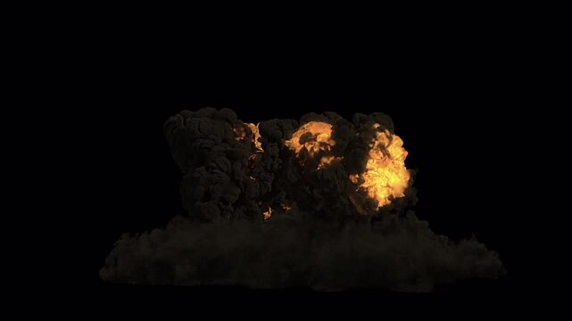 Fiery explosion with dark smoke isolated on black background.