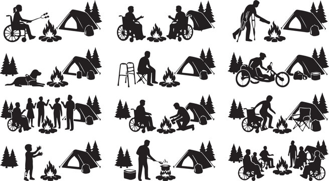 Set of silhouettes of people with disabilities camping and enjoying outdoor activities by the campfire