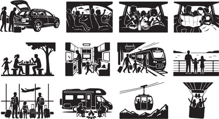 Obraz premium Set of icons representing family travel and vacation activities, including car trips, camping, train travel, and flying