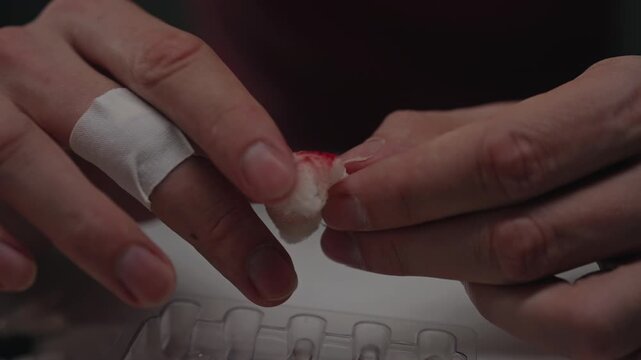 Man hands applying piece of cotton to small bleeding wound on finger, demonstrating self care and first aid after accident in dark domestic environment, close-up. Shooting in slow motion.