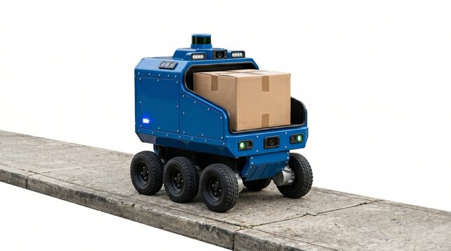 Delivery robot walking on sidewalk with package isolated on white background logistics automation technology concept modern delivery service.