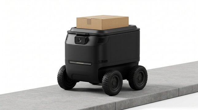 Delivery robot walking on sidewalk with package isolated on white background logistics automation technology concept modern delivery service.
