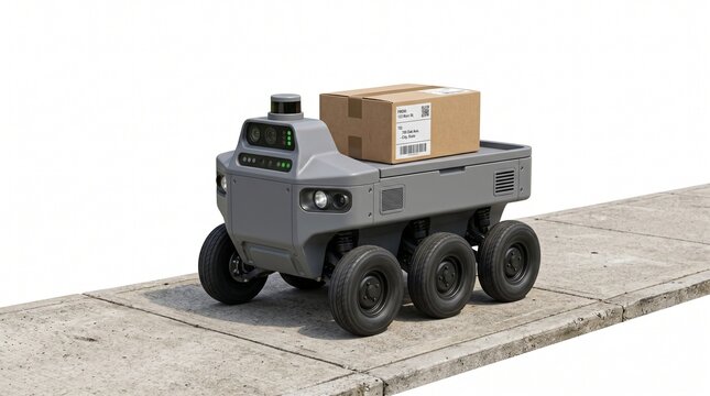 Delivery robot walking on sidewalk with package isolated on white background logistics automation technology concept modern delivery service.