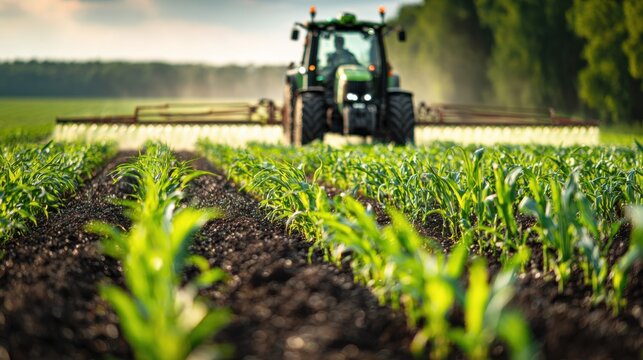 Modern tractor applies fertilizer in corn and soybean field during bright day