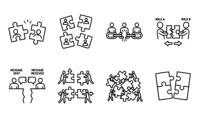 Team Misalignment Outline Icon Set with Puzzle Piece Workplace Conflict Symbols © MSTSUFIA