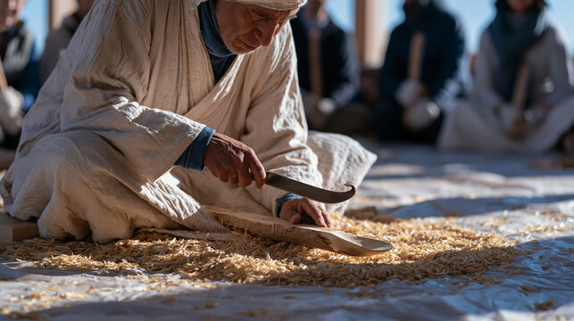 Spoon carver demonstrating green wood technique to a workshop group in a community hall, hook knife mid-stroke on a willow billet, wood shavings collecting on a plastic ground