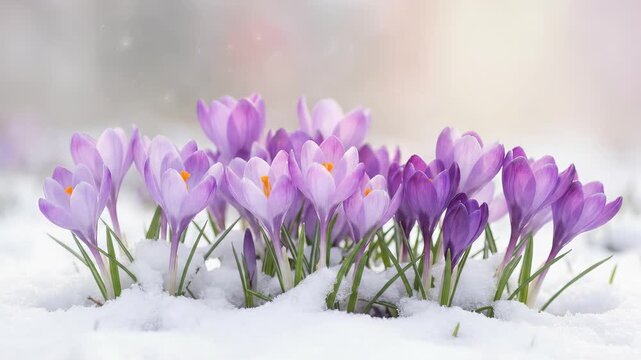 Purple crocus flowers blooming through white snow. Spring flowers emerging in winter. Nature transition concept