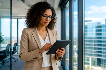 Fototapeta premium Professional black businesswoman using digital tablet in modern office, confident female executive in beige blazer, corporate leader working in skyscraper isolated on White Background ai