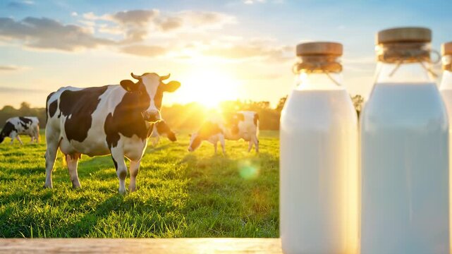 Fresh milk in glass bottles on a wooden table at sunset. Holstein cows grazing in a green pasture in the background. Organic dairy farm concept