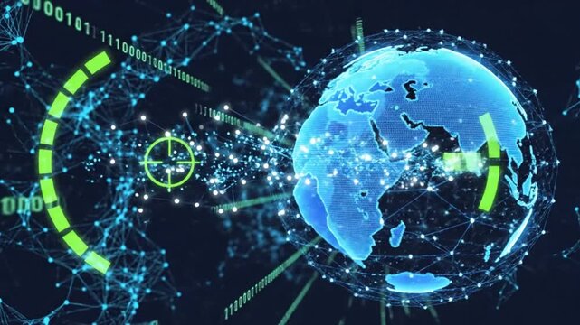 Global digital network connection with data transfer, futuristic technology of the world with binary code background
