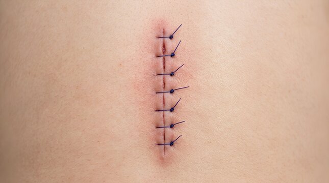 Close Up of Sutured Surgical Incision Demonstrating Postoperative Wound Care and Medical Recovery
